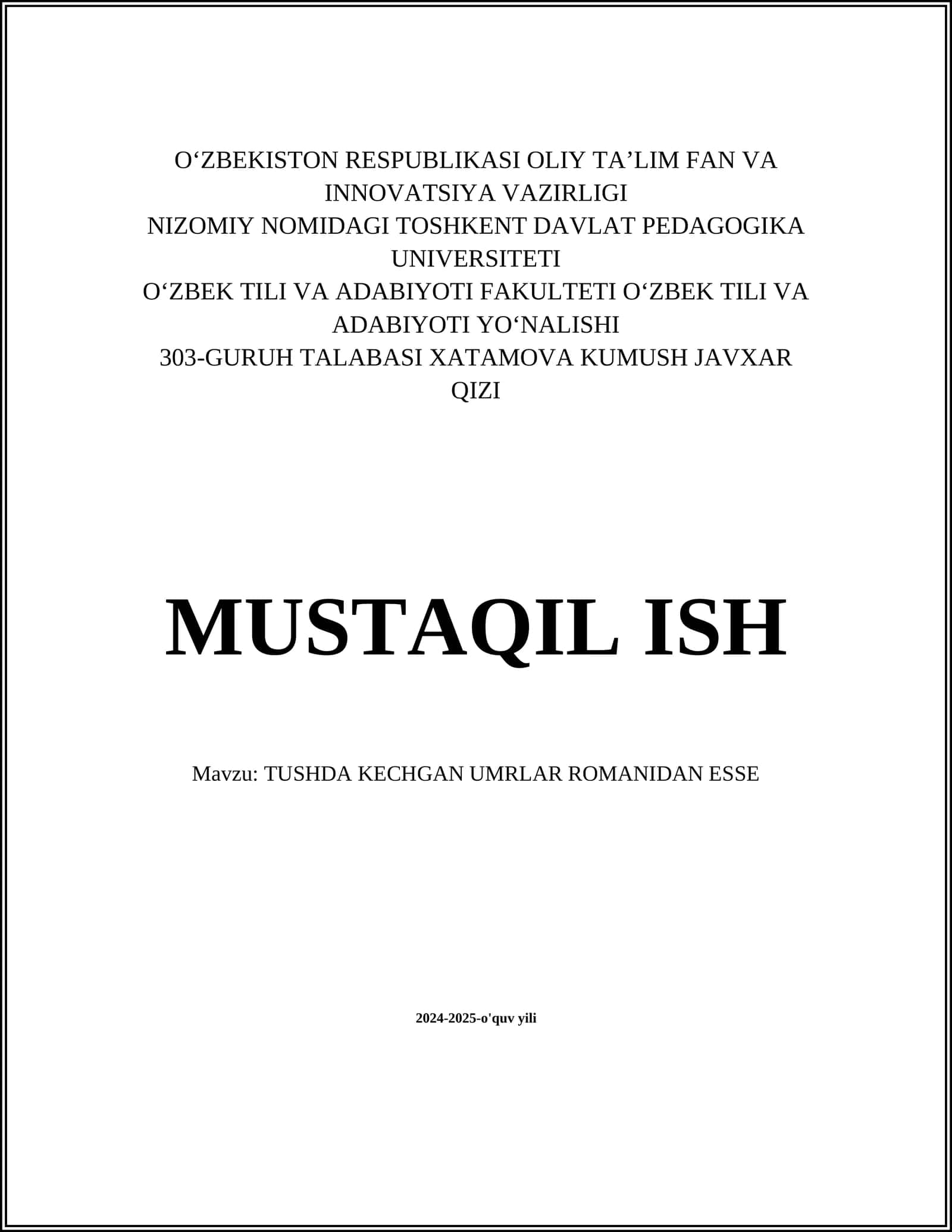 TUSHDA KECHGAN UMRLAR ROMANIDAN ESSE