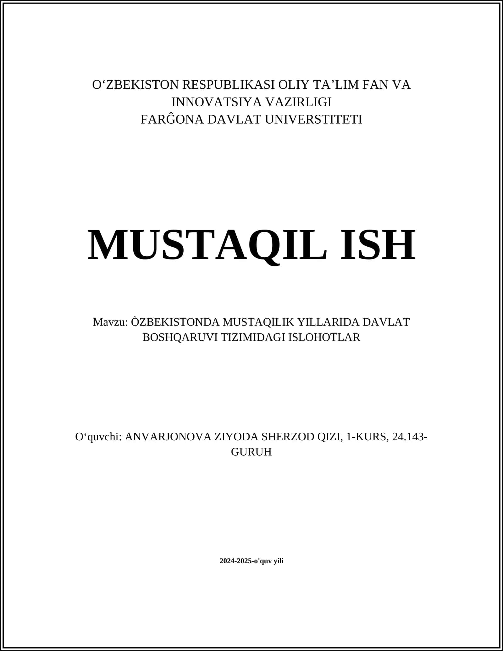 O'zbekistonda Mustaqilik Yillarida Davlat Boshqaruv Tizimidagi Islоhotlar