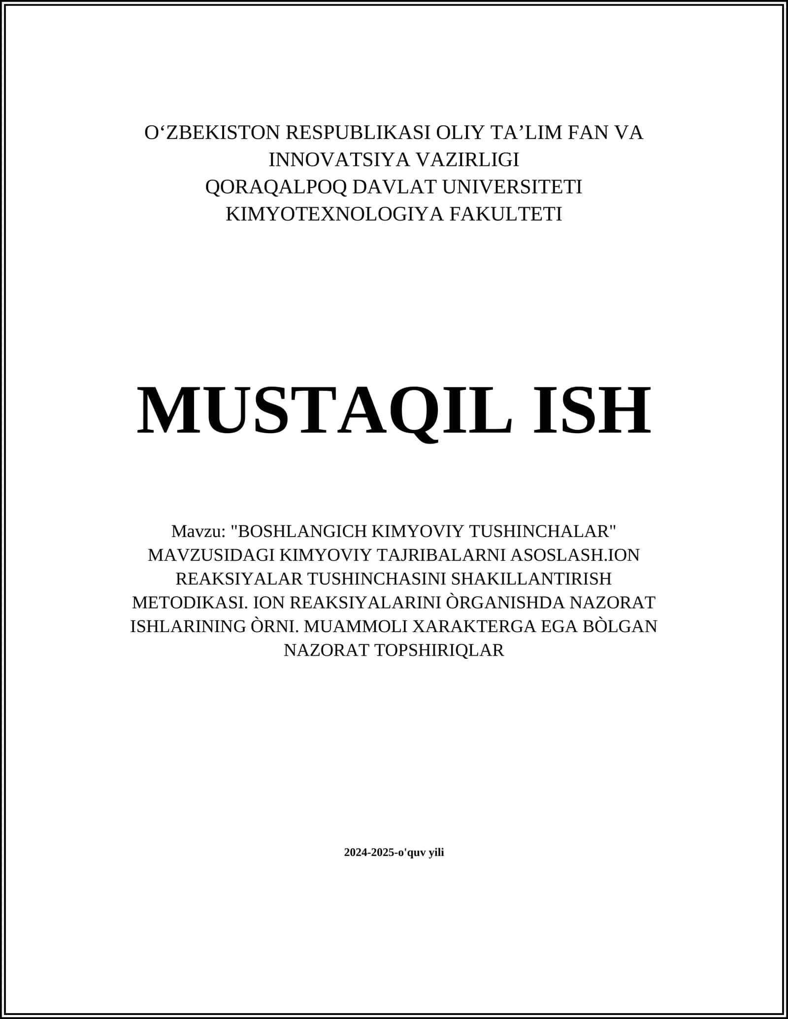 BOSHLANGICH KIMYOVIY TUSHINCHALAR