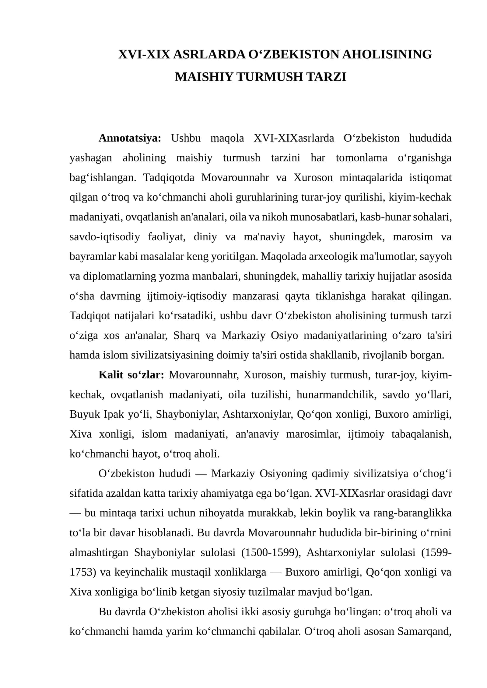 XVI-XIX ASRLARDA O‘ZBEKISTON AHOLISINING MAISHIY TURMUSH TARZI