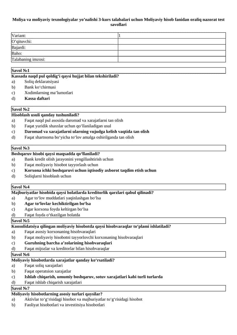 Moliyaviy hisob fanidan oraliq nazorat test savollari