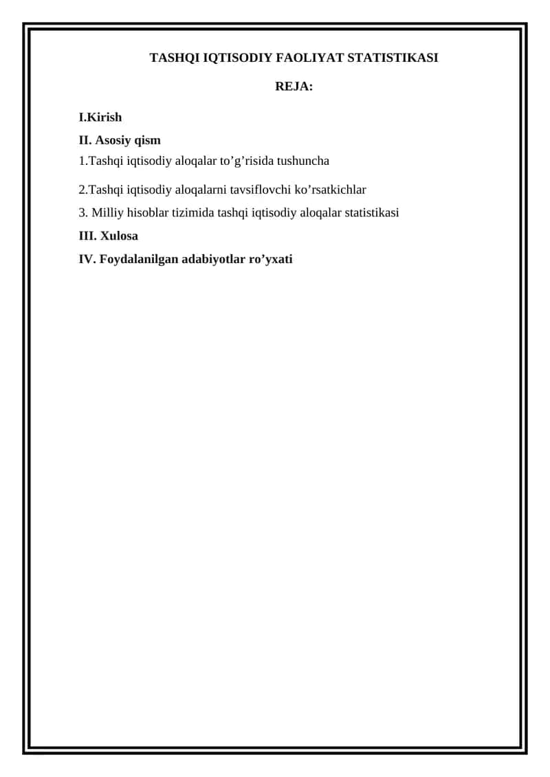 TASHQI IQTISODIY FAOLIYAT STATISTIKASI