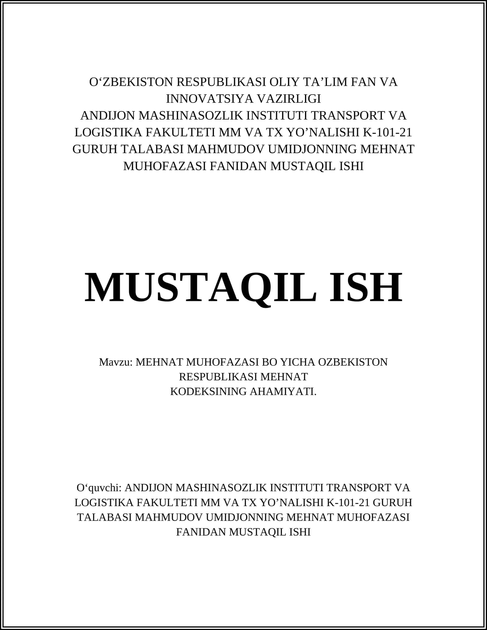 MEHNAT MUHOFAZASI BO YICHA OZBEKISTON RESPUBLIKASI MEHNAT KODEKSINING AHAMIYATI
