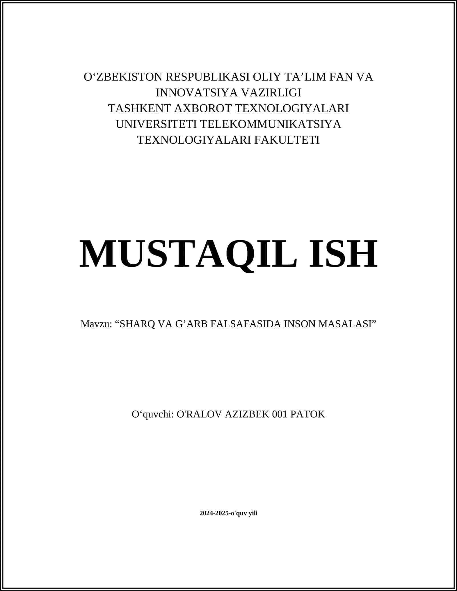 SHARQ VA G’ARB FALSAFASIDA INSON MASALASI