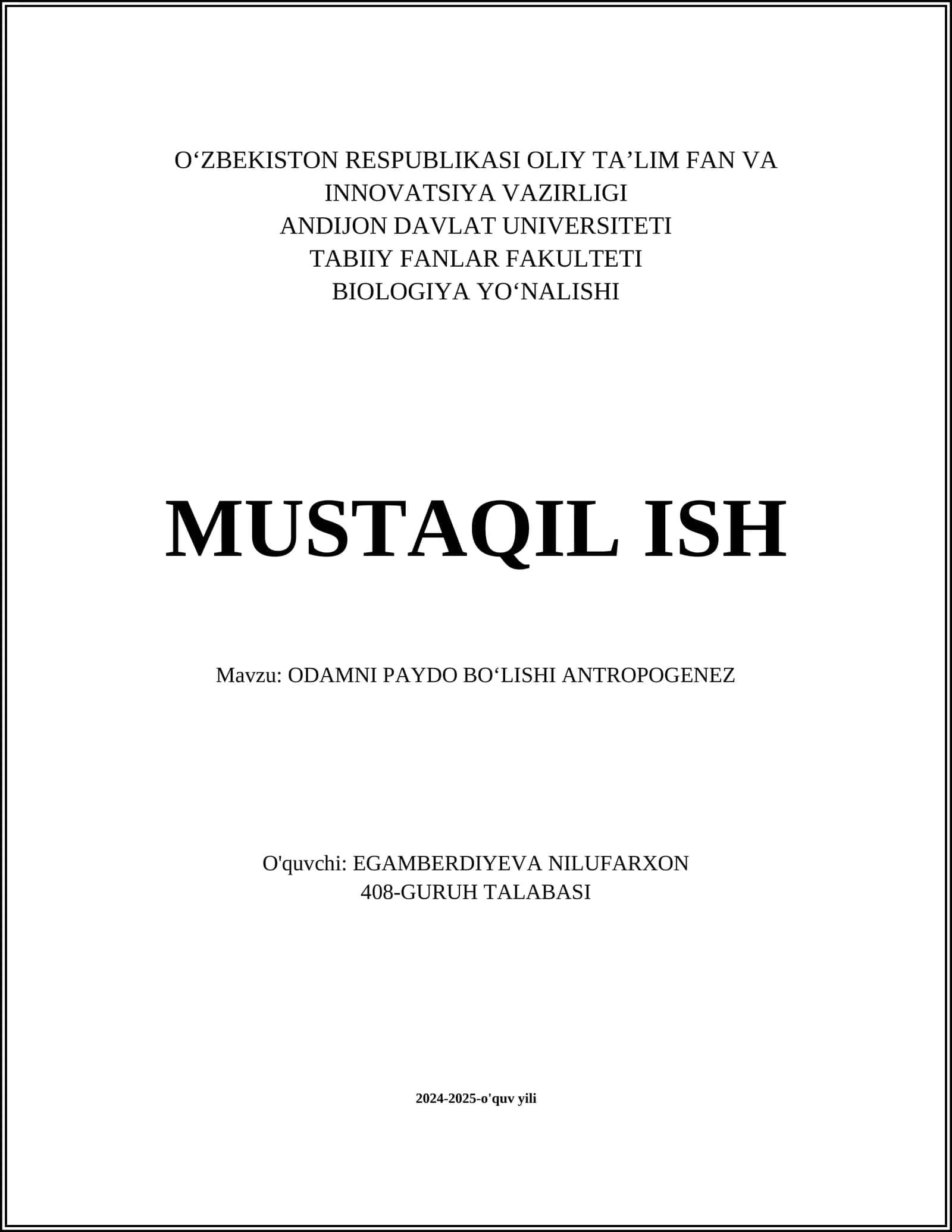ODAMNI PAYDO BO'LISHI ANTROPOGENEZ