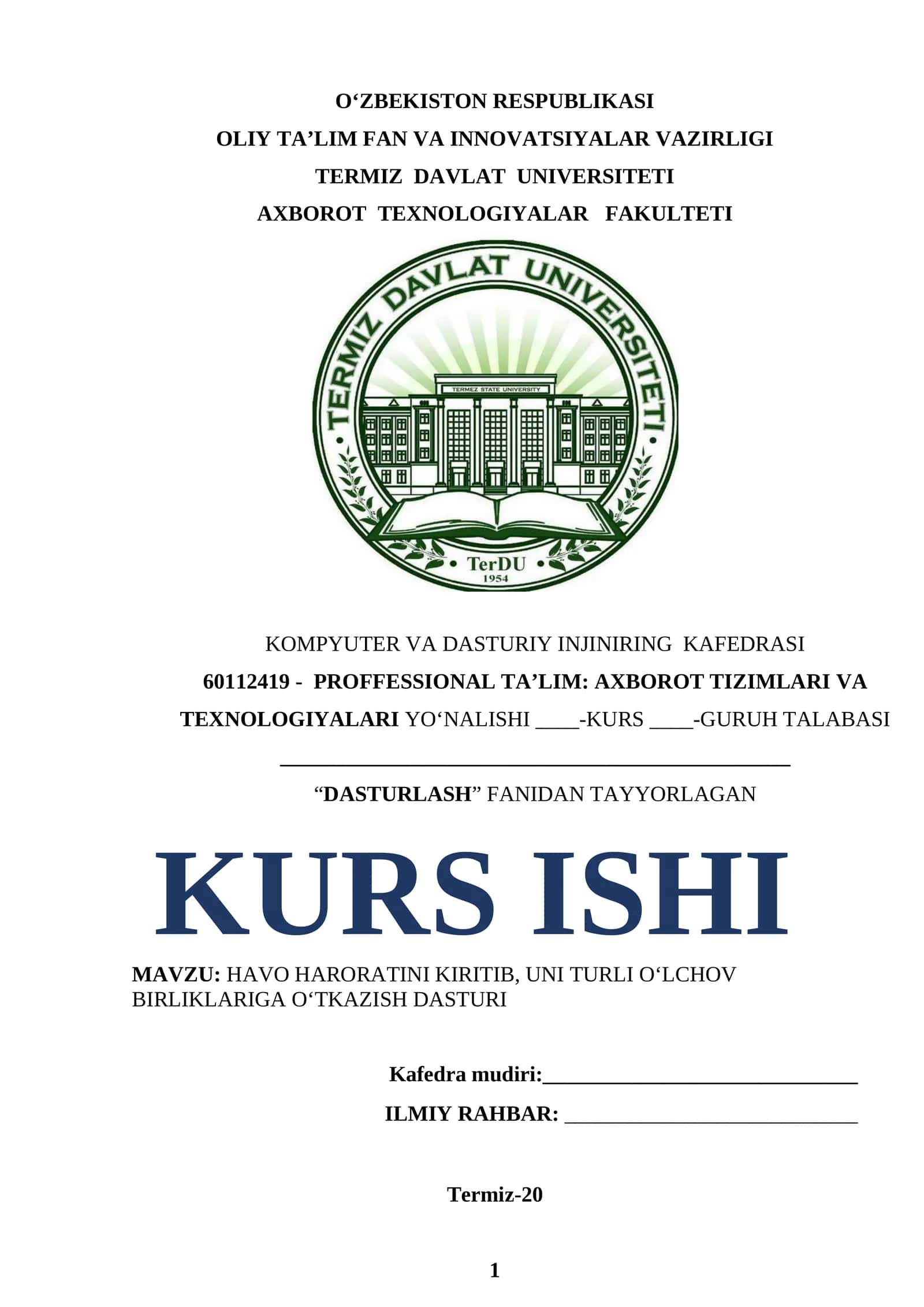 HAVO HARORATINI KIRITIB, UNI TURLI O‘LCHOV BIRLIKLARIGA O‘TKAZISH DASTURI
