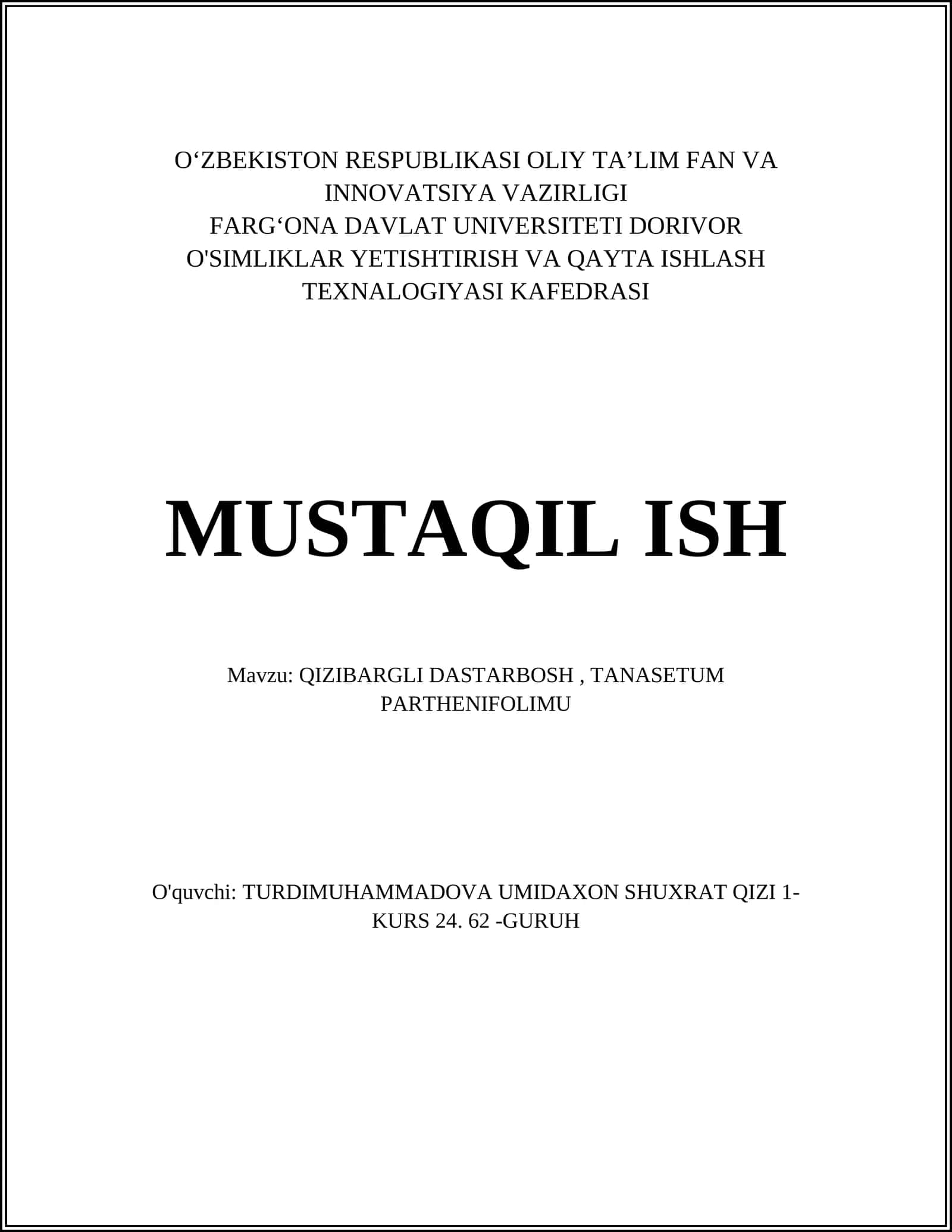 QIZIBARGLI DASTARBOSH, TANASETUM PARTHENIFOLIMU