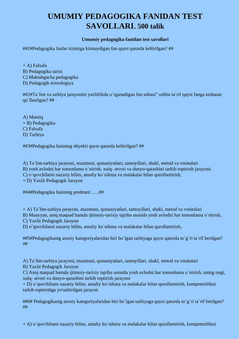 UMUMIY PEDAGOGIKA FANIDAN TEST SAVOLLARI