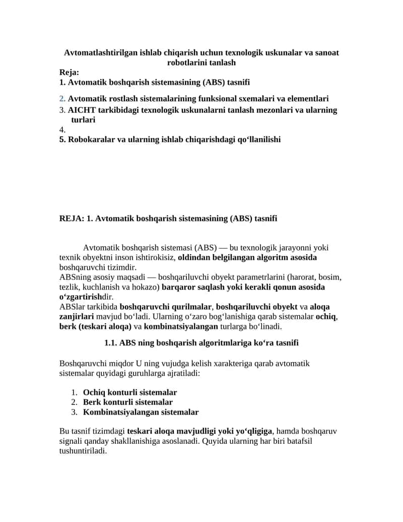 Avtomatik boshqarish sistemasining (ABS) tasnifi