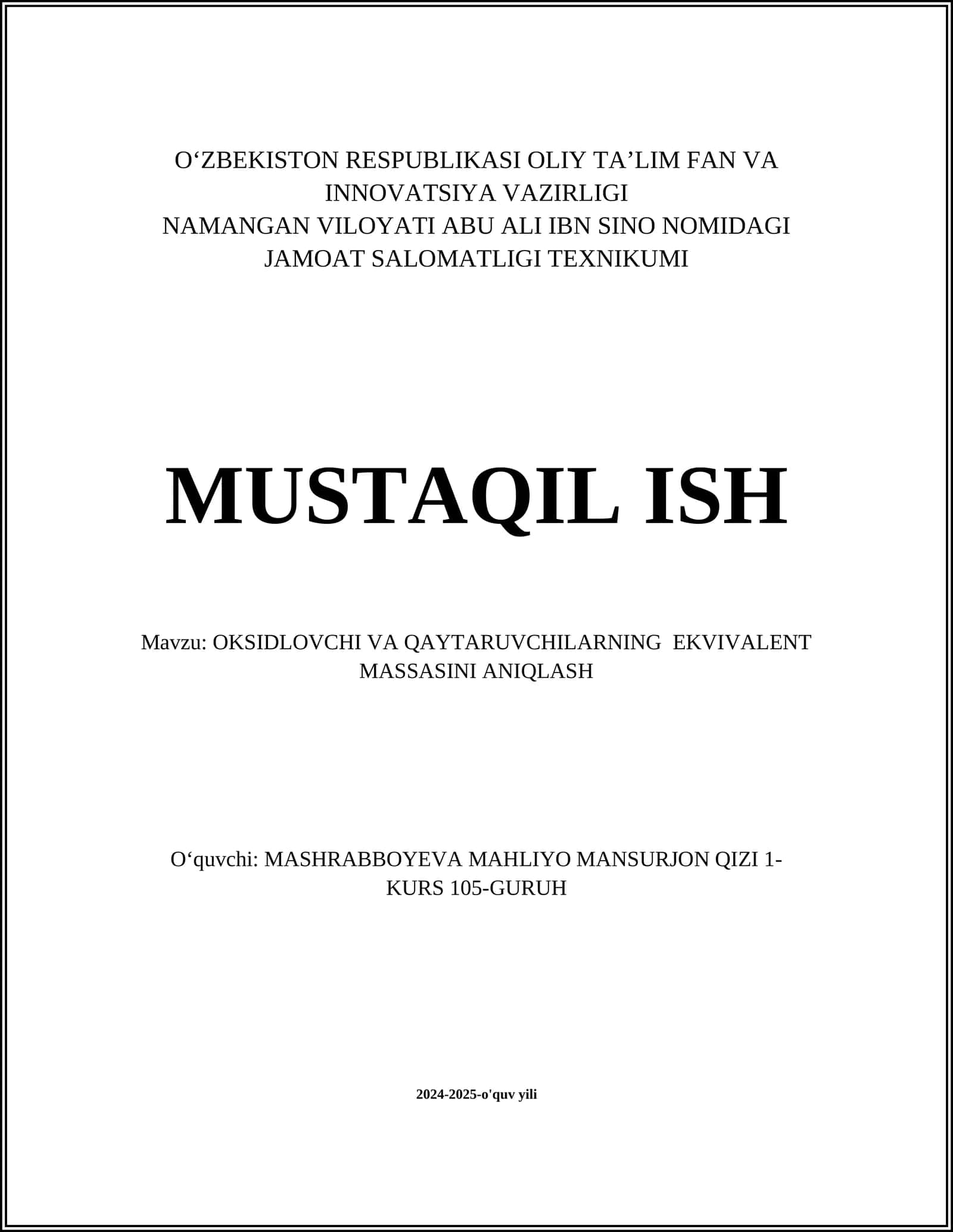 OKSIDLOVCHI VA QAYTARUVCHILARNING EKVIVALENT MASSASINI ANIQLASH