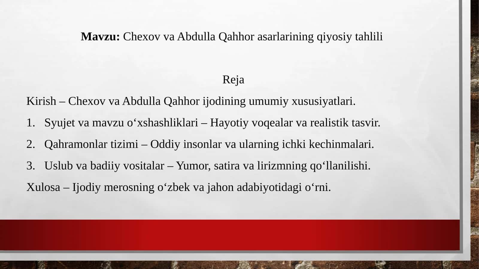Chexov va Abdulla Qahhor asarlarining qiyosiy tahlili