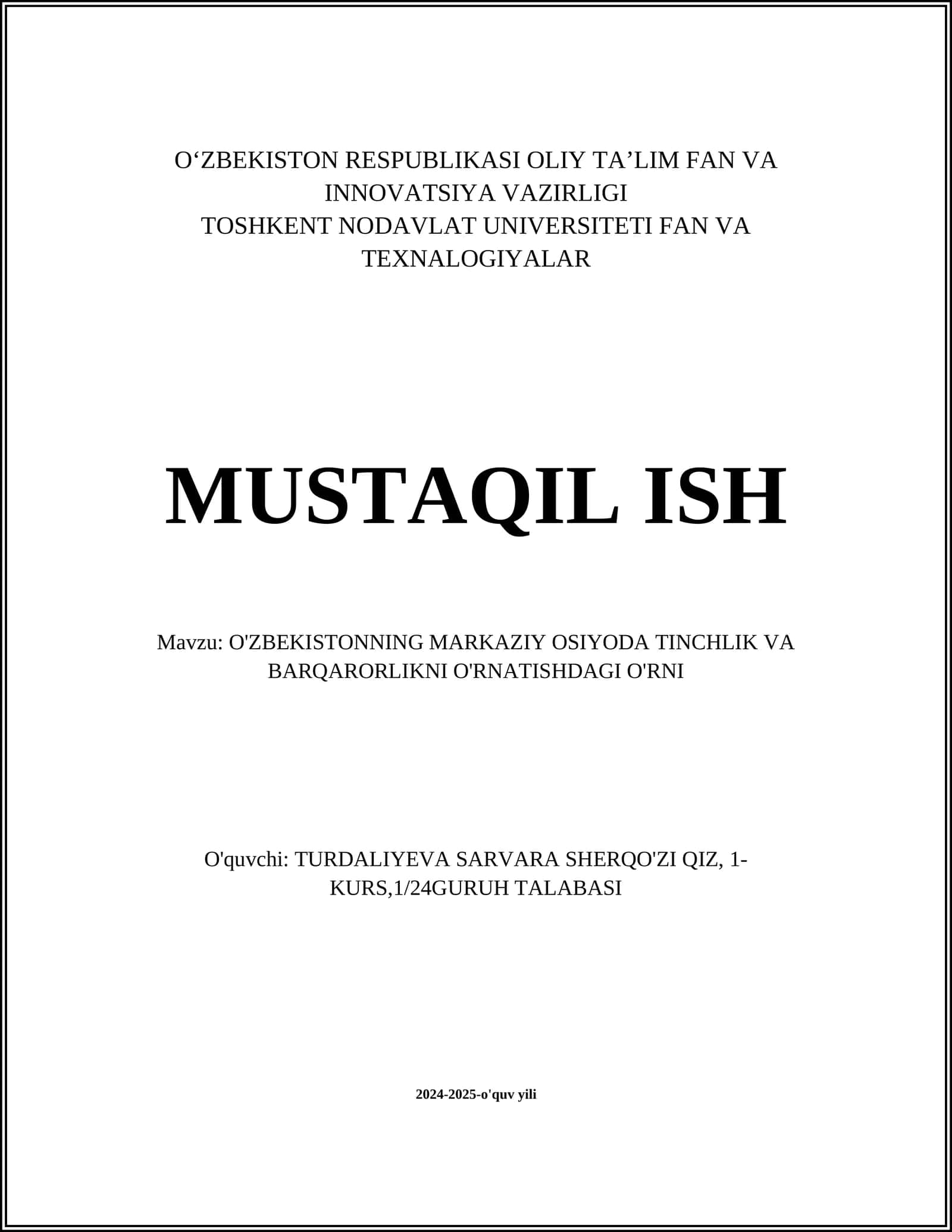 O'zbekistonning Markaziy Osiyoda Tinchlik va Barqarorlikni O'rnatishdagi O'rni