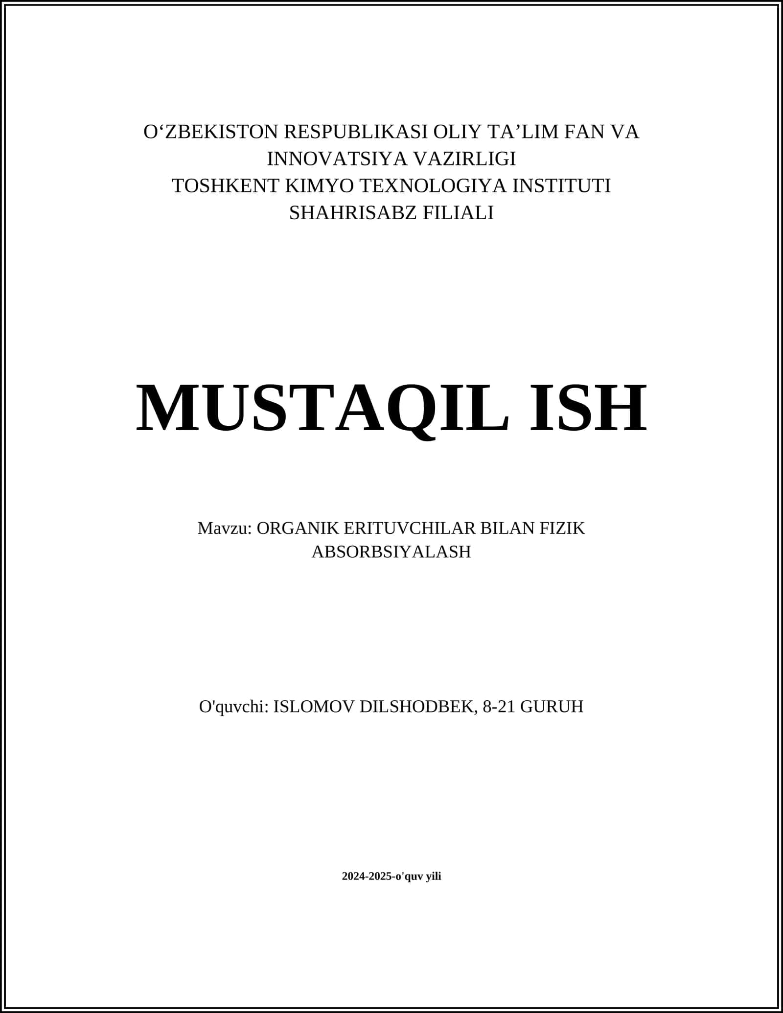 ORGANIK ERITUVCHILAR BILAN FIZIK ABSORBSIYALASH