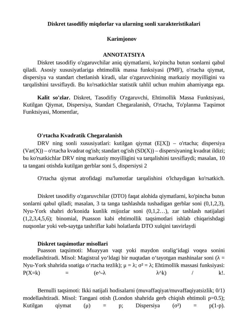 Diskret tasodifiy miqdorlar va ularning sonli xarakteristikalari