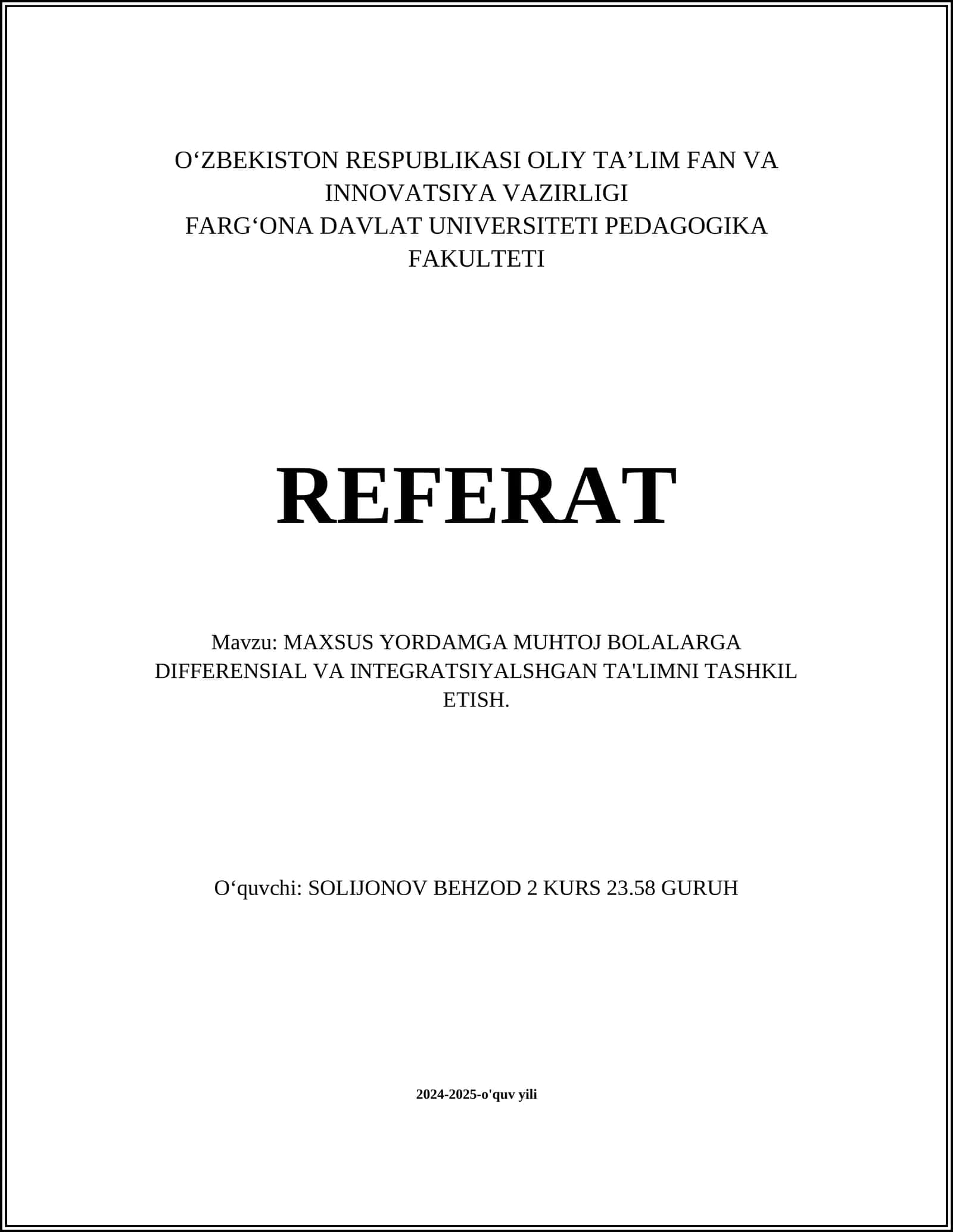 DIFFERENSIAL VA INTEGRATSIYALSHGAN TA'LIM
