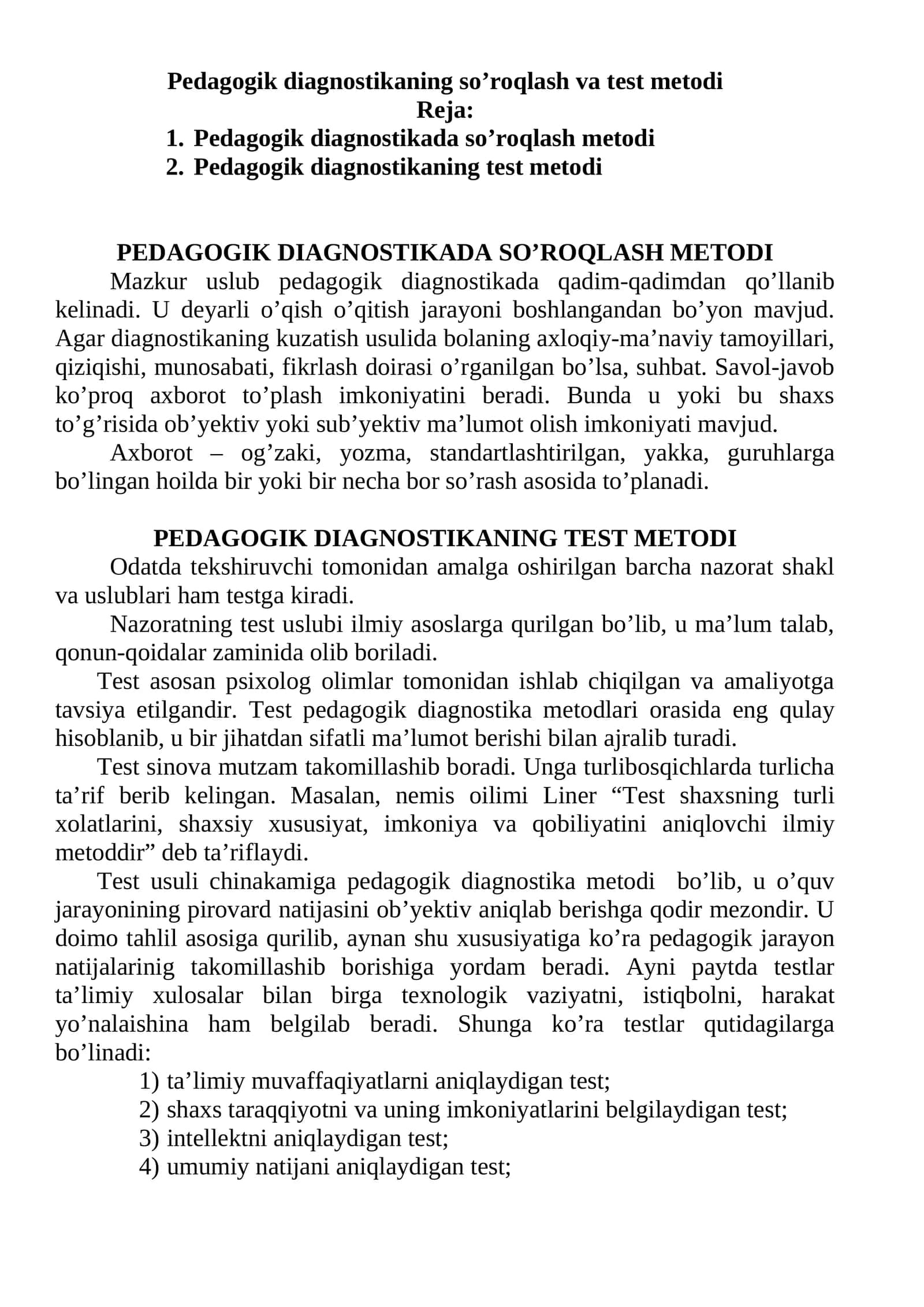 Pedagogik diagnostikaning so’roqlash va test metodi