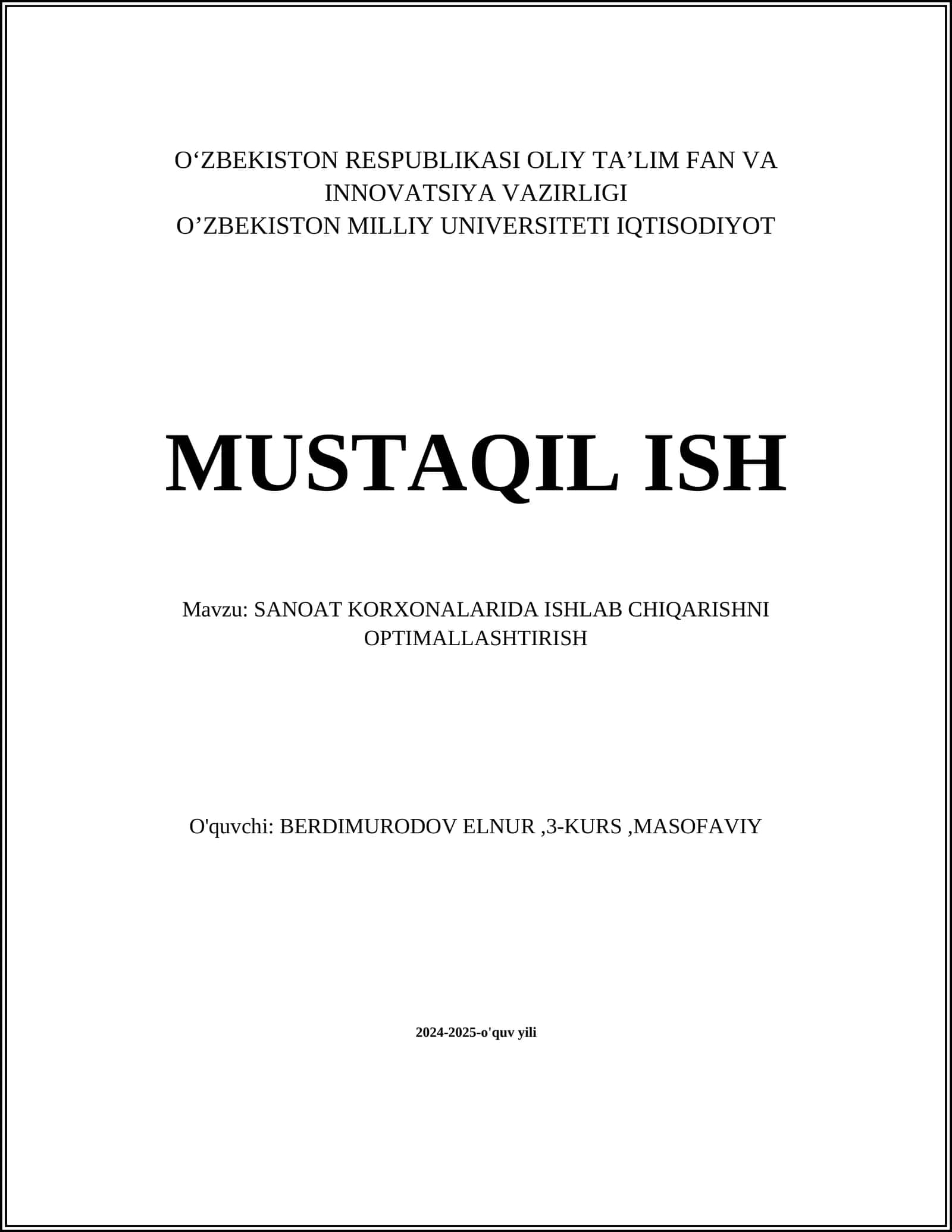 SANOAT KORXONALARIDA ISHLAB CHIQARISHNI OPTIMALLASHTIRISH