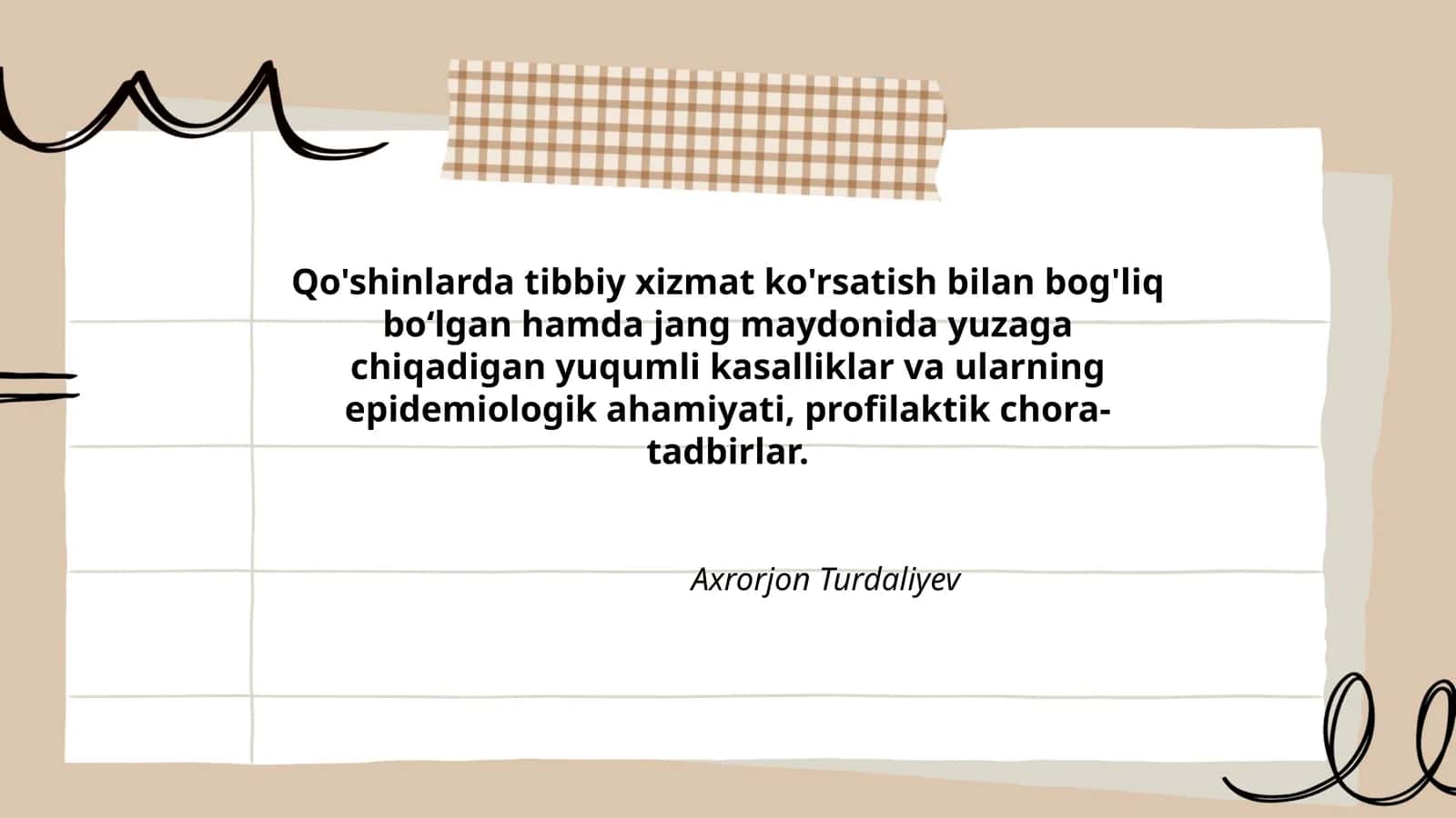 Qo'shinlarda tibbiy xizmat ko'rsatish bilan bog'liq boʻlgan hamda jang maydonida yuzaga chiqadigan yuqumli kasalliklar va ularning epidemiologik ahamiyati, profilaktik chora-tadbirlar