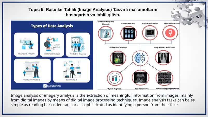 Rasmlar Tahlili (Image Analysis) Tasvirli ma'lumotlarni boshqarish va tahlil qilish.