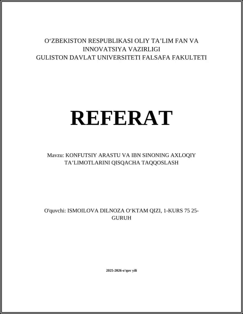 Konfutsiy, Aristotel va Ibn Sinonning Axloqiy Taʼlimotlari