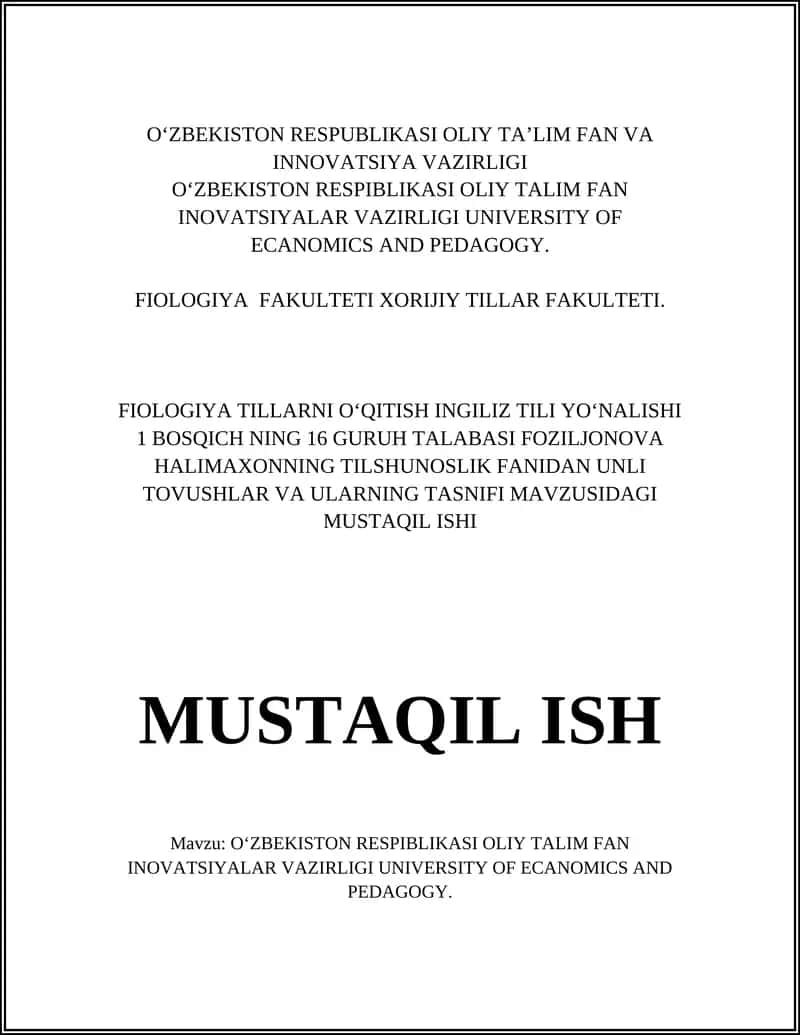 O‘zbekiston Respublikasi Oliy Ta’lim Fan va Innovatsiya Vazirligi University of Economics and Pedagogy