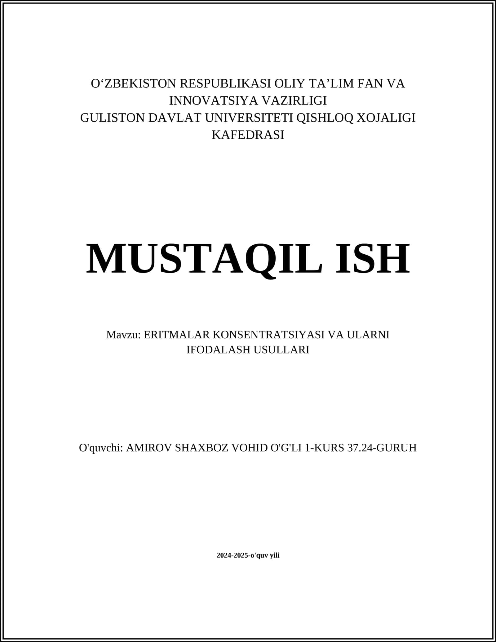 ERITMALAR KONSENTRATSIYASI VA ULARNI IFODALASH USULLARI