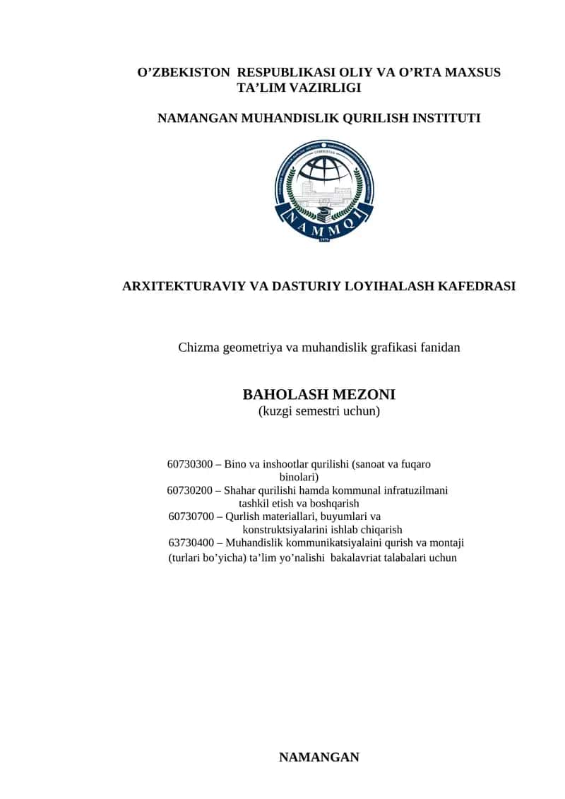 CHIZMA GEOMETRIYA VA MUHANDISLIK GRAFIKASI