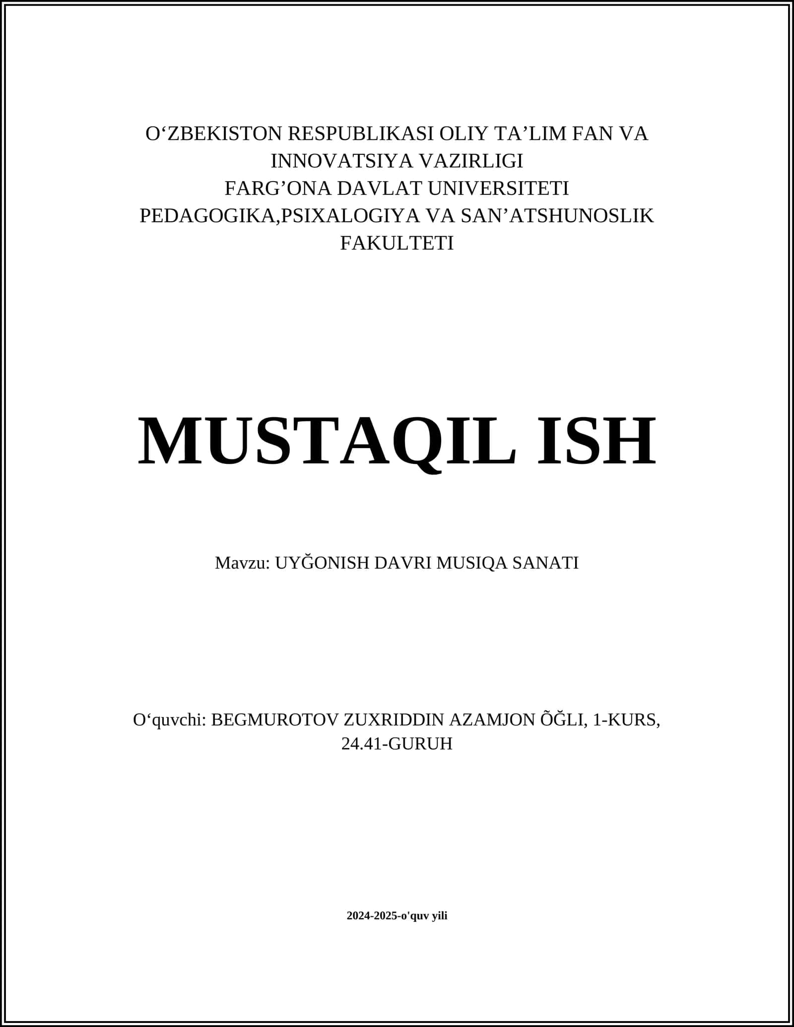 UYĞONISH DAVRI MUSIQA SANATI