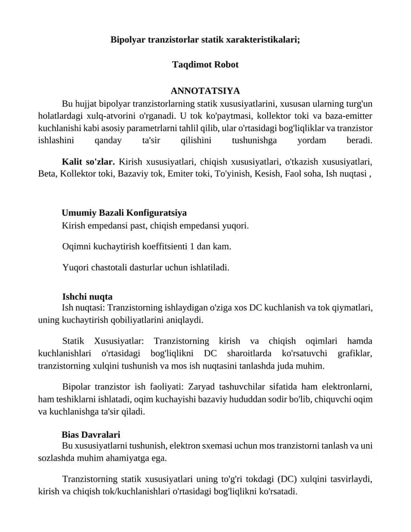 Bipolyar tranzistorlar statik xarakteristikalari