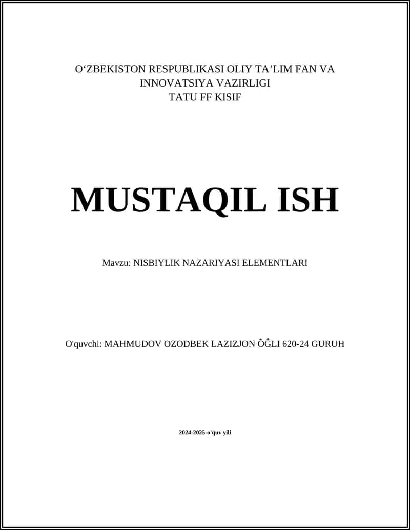 Maxsus nisbiylik nazariyasi elementlari