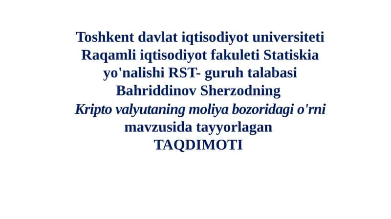 Kripto Valyutaning Moliya Bozoridagi O'rni