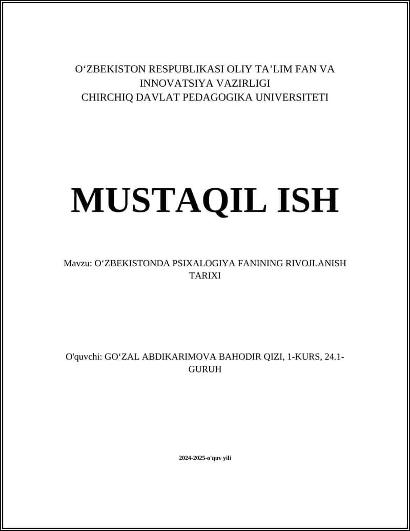 Oʻzbekistonda Psixologiya Fanining Rivojlanish Tarixi