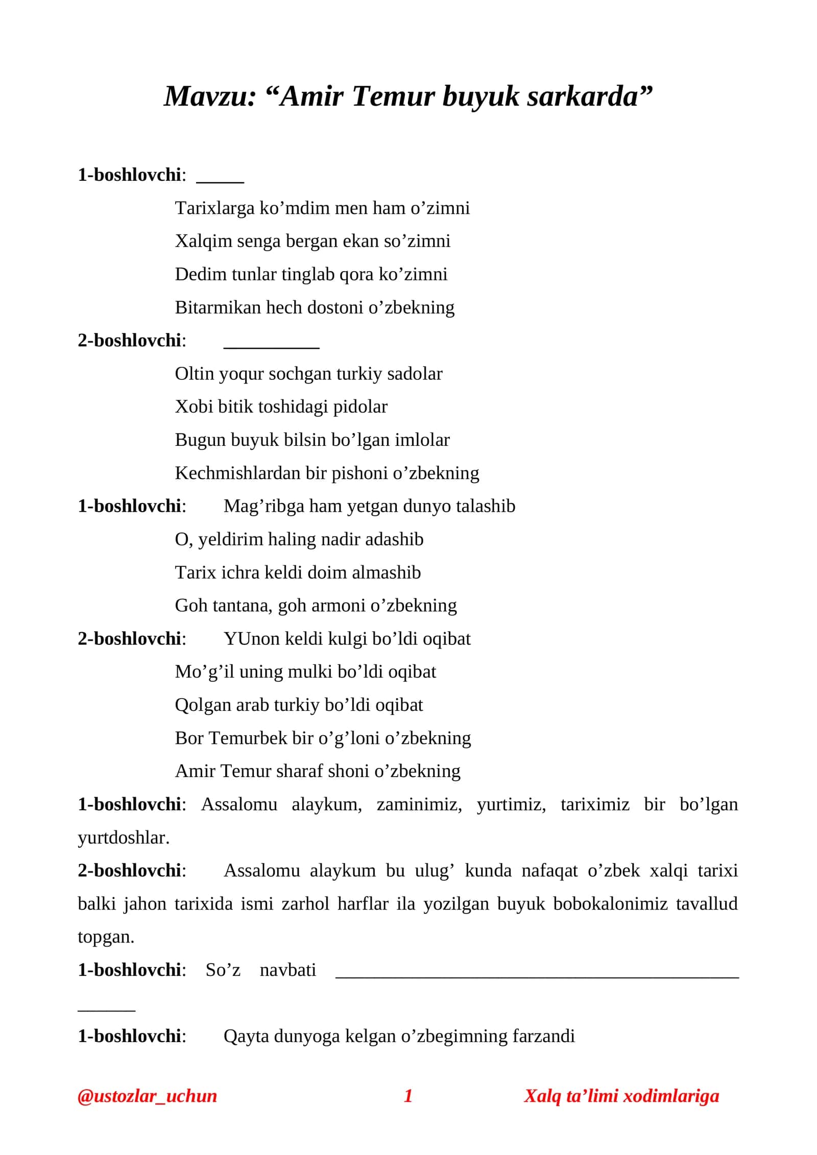 "Amir Temur buyuk sarkarda"