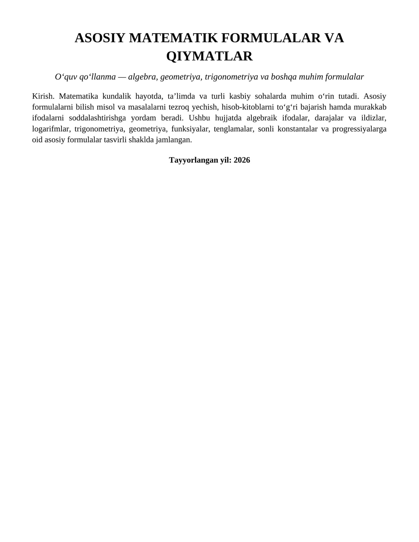 ASOSIY MATEMATIK FORMULALAR VA QIYMATLAR