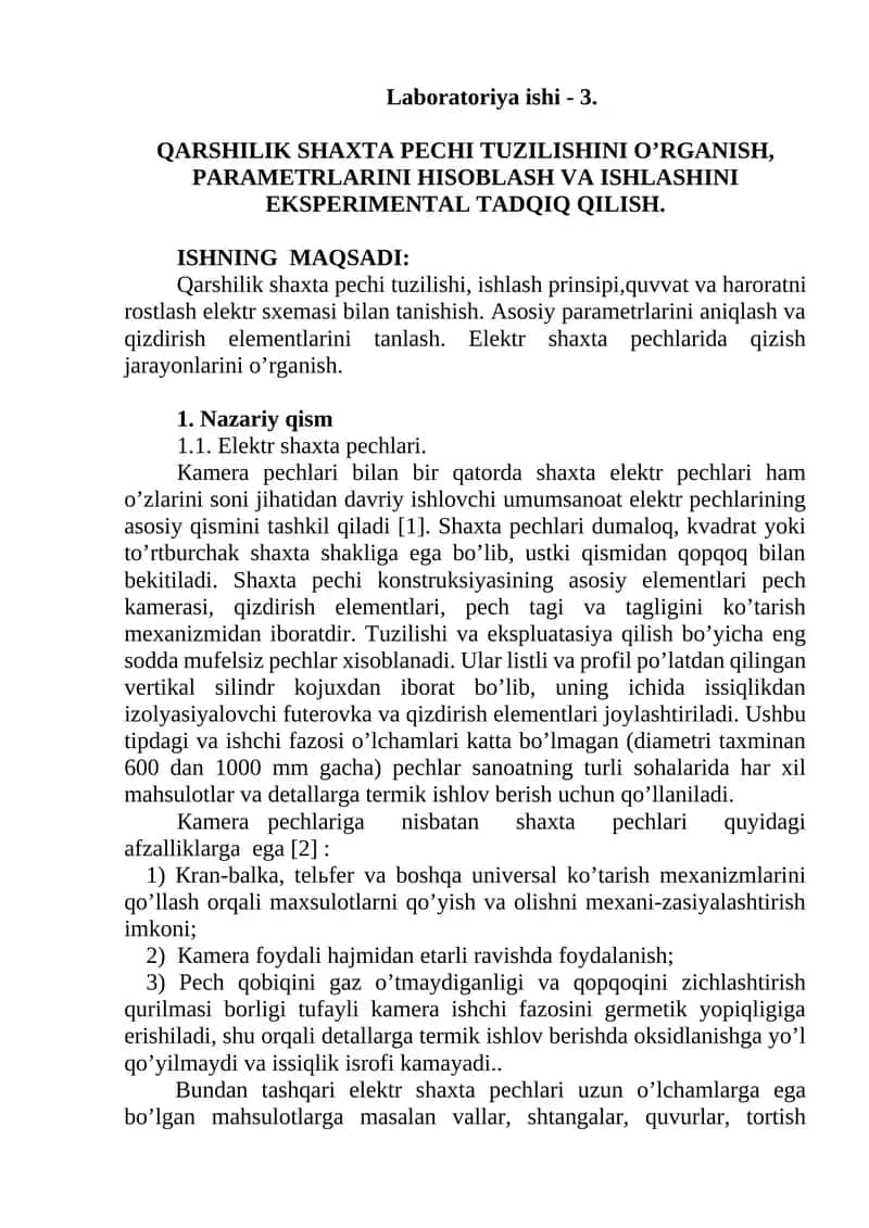 Qarshilik shaxta pechi tuzilishini o’rganish