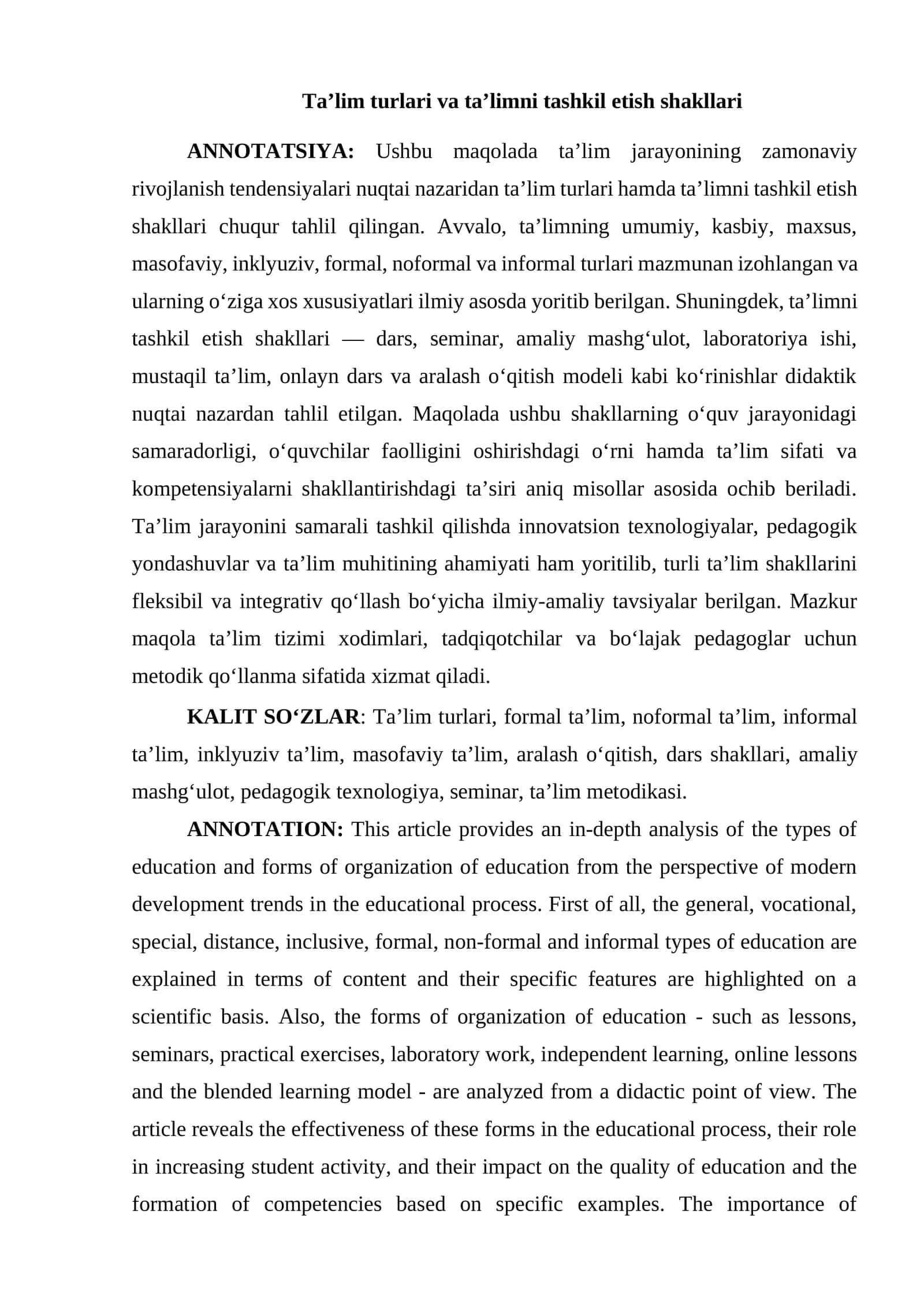 Ta’lim turlari va ta’limni tashkil etish shakllari