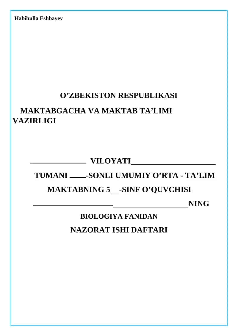 BIOLOGIYA FANIDAN NAZORAT ISHI DAFTARI