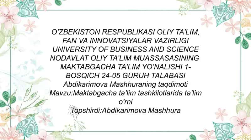 Maktabgacha ta’lim tashkilotlarida ta’lim o’rni