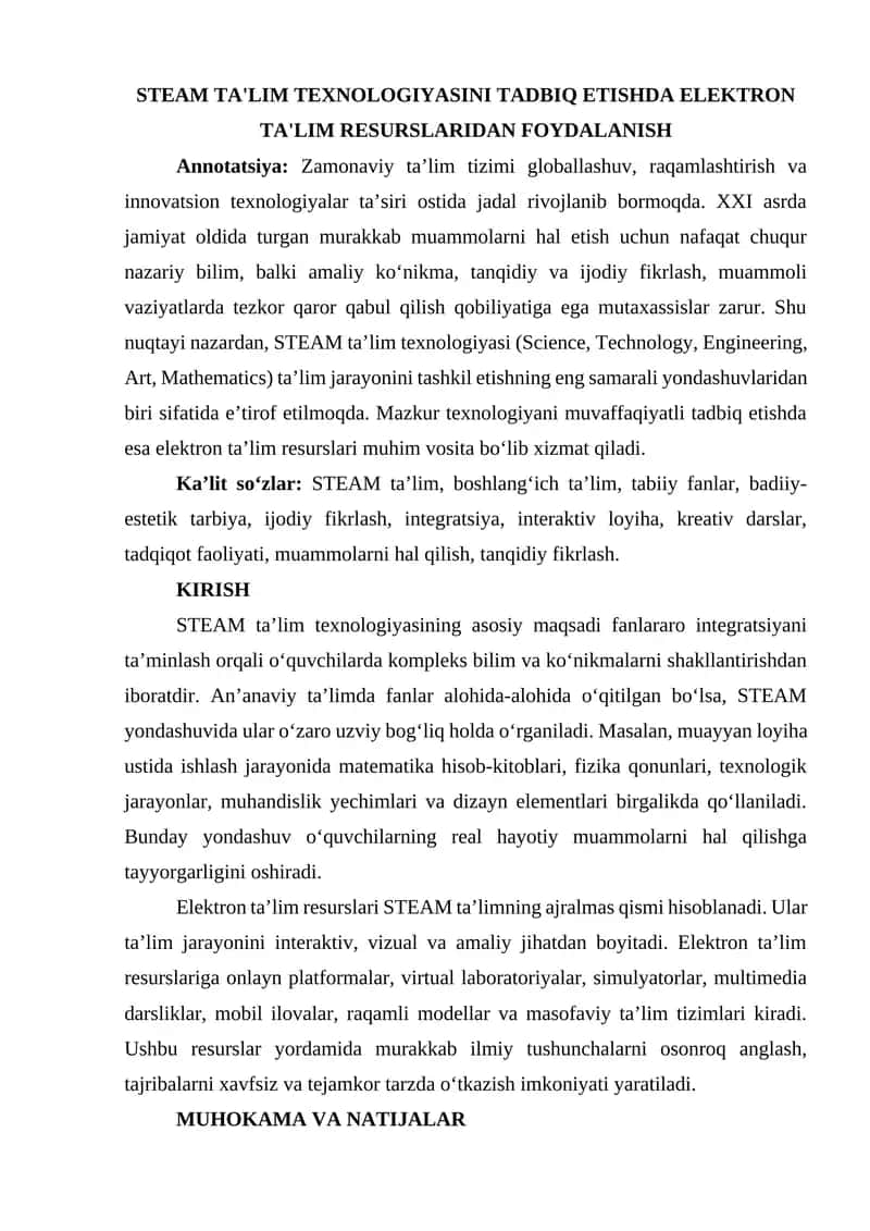 STEAM TA'LIM TEXNOLOGIYASINI TADBIQ ETISHDA ELEKTRON TA'LIM RESURSLARIDAN FOYDALANISH