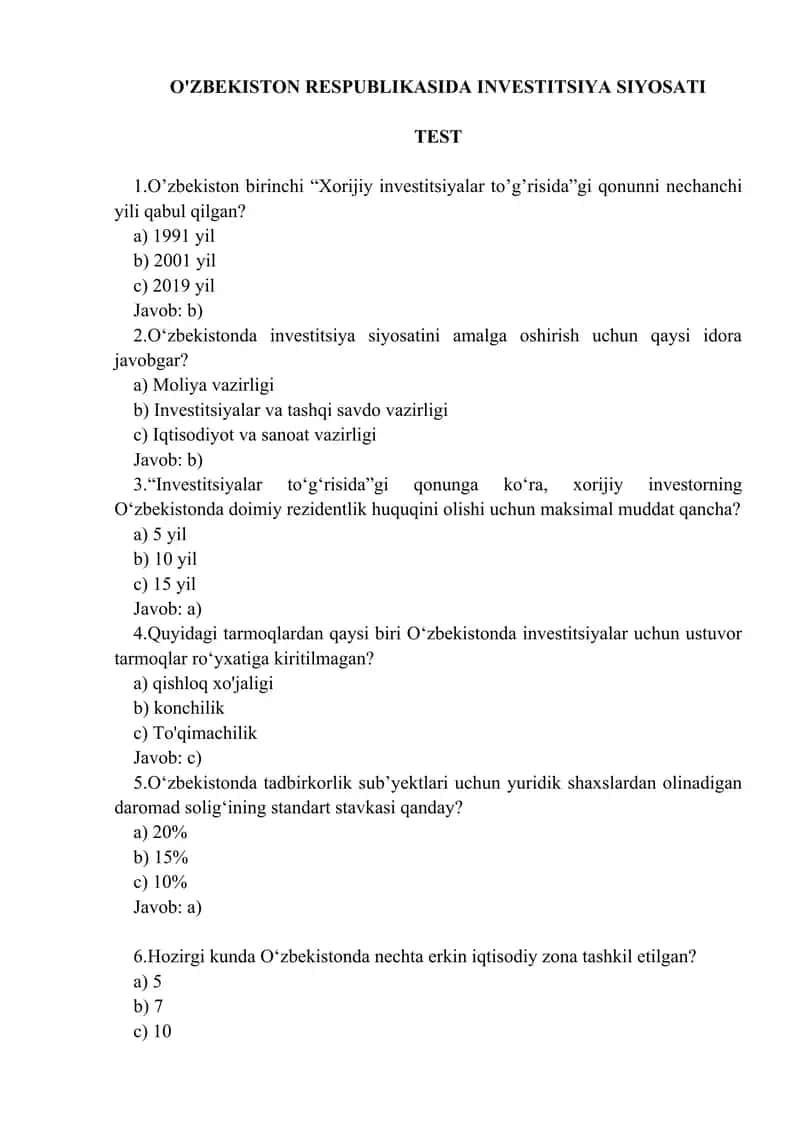 O'ZBEKISTON RESPUBLIKASIDA INVESTITSIYA SIYOSATI