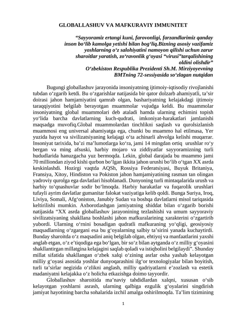 GLOBALLASHUV VA MAFKURAVIY IMMUNITET