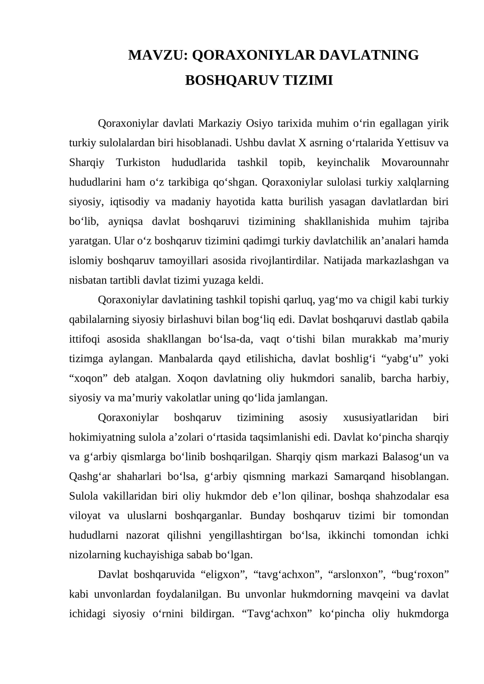 QORAXONIYLAR DAVLATNING BOSHQARUV TIZIMI mavzusi yuzasidan esse