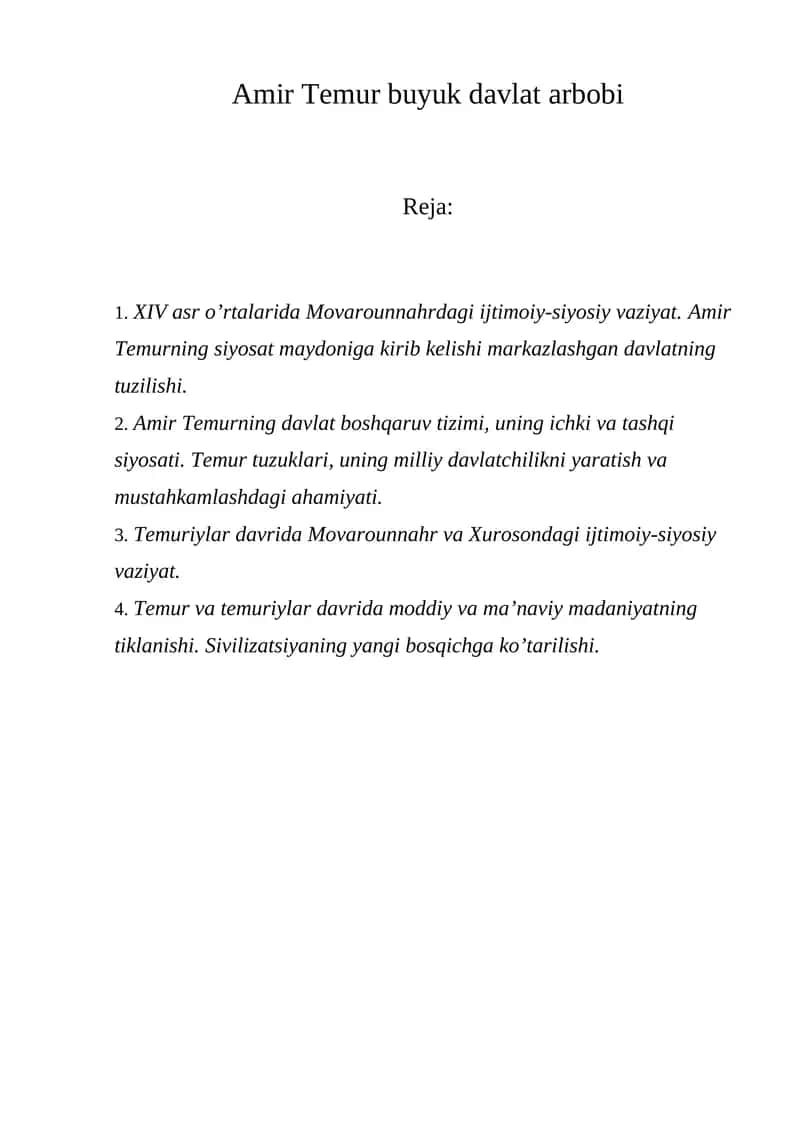 Amir Temur buyuk davlat arbobi