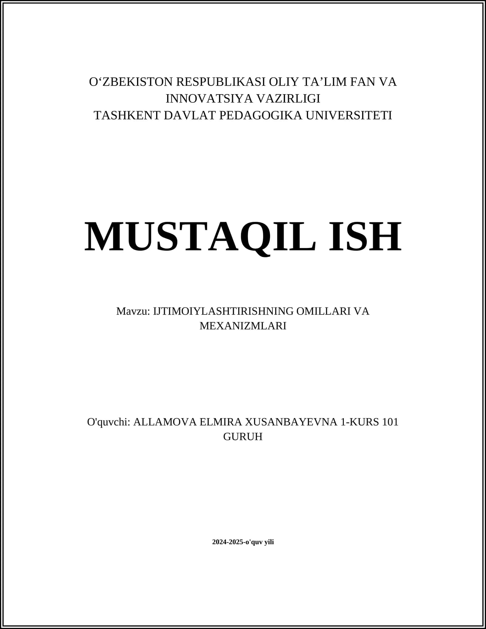 IJTIMOIYLASHTIRISHNING OMILLARI VA MEXANIZMLARI