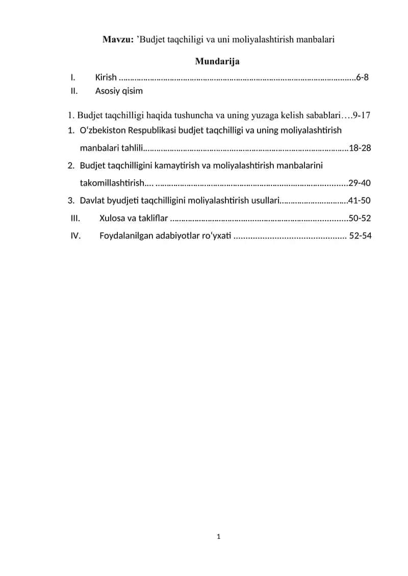 ’Budjet taqchiligi va uni moliyalashtirish manbalari