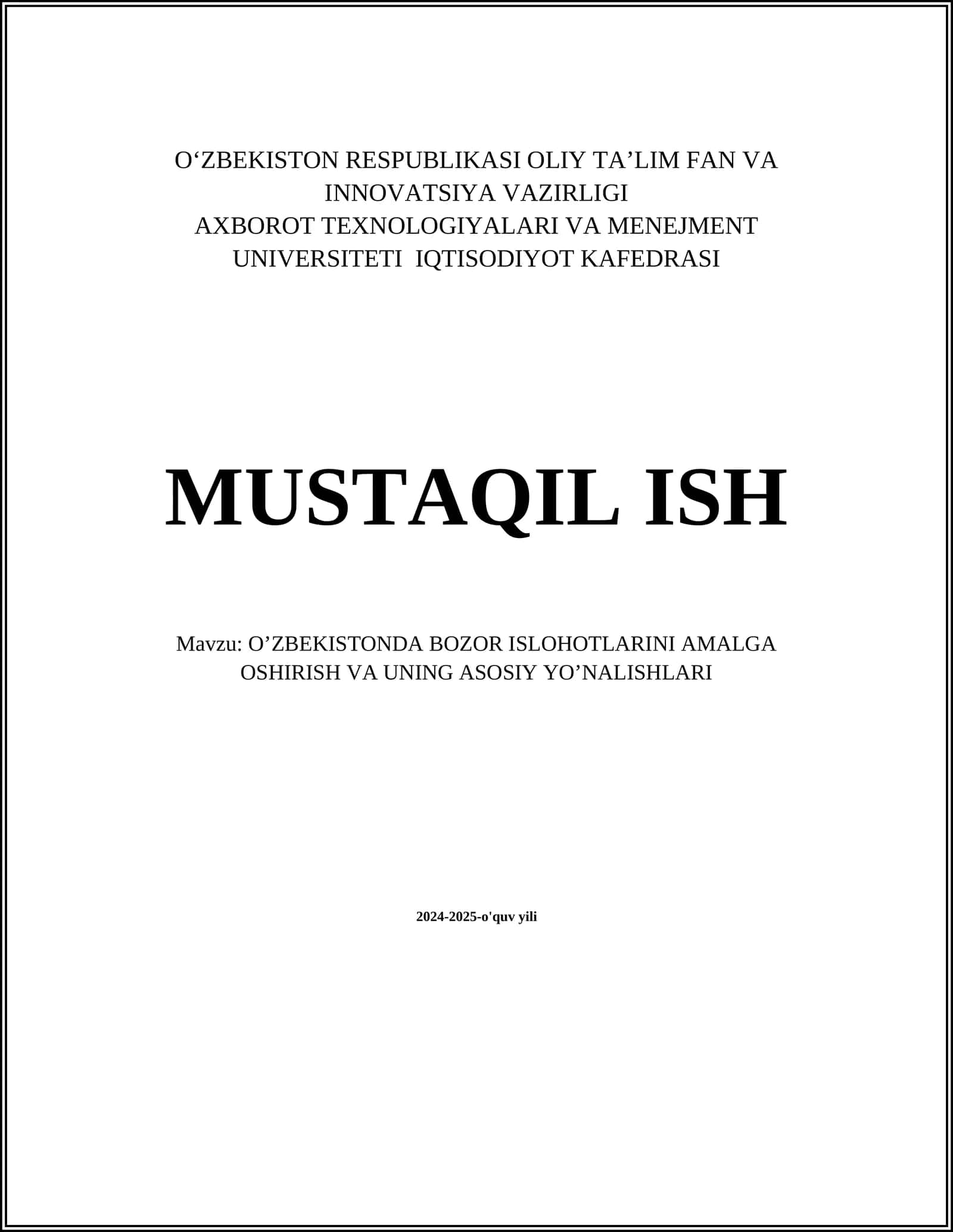 O’ZBEKISTONDA BOZOR ISLOHOTLARINI AMALGA OSHIRISH VA UNING ASOSIY YO’NALISHLARI