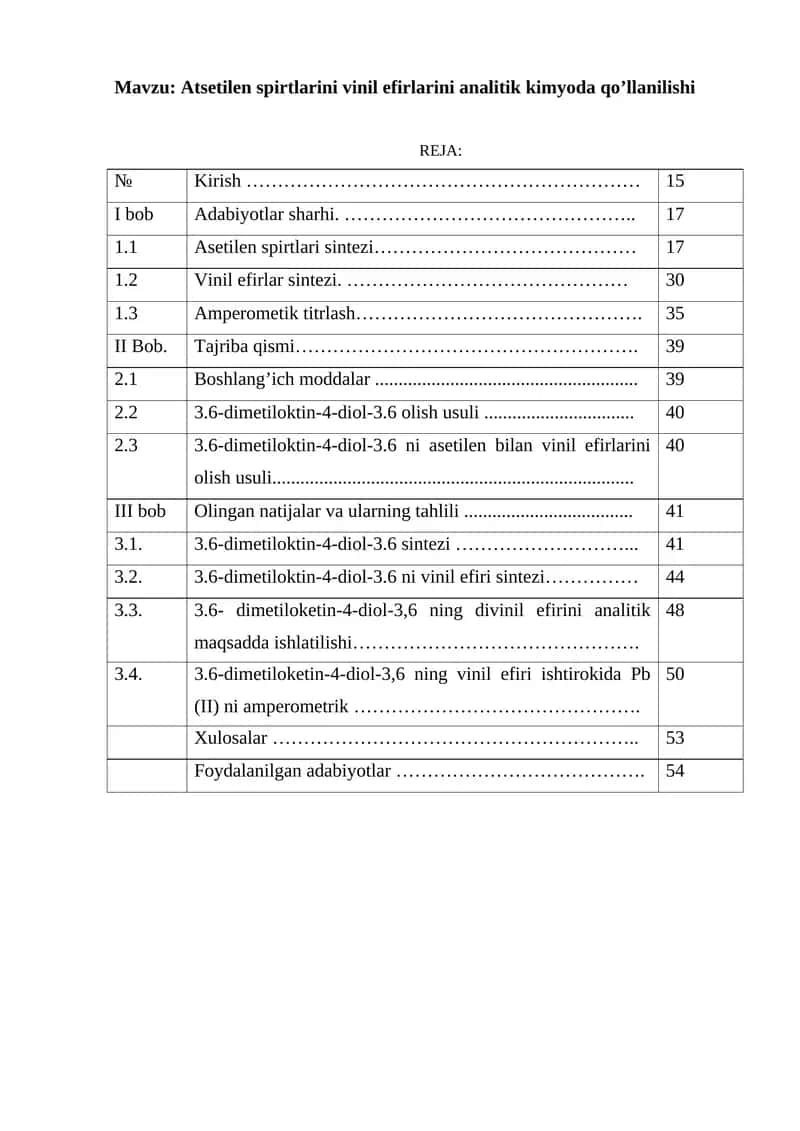 Atsetilen spirtlarini vinil efirlarini analitik kimyoda qo’llanilishi