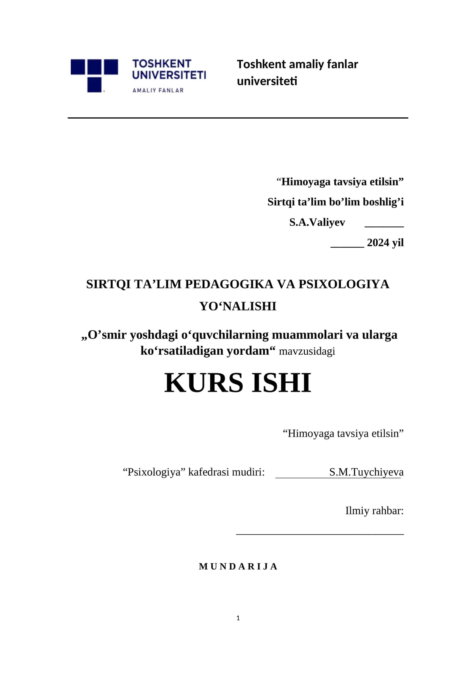 O‘smlir yoshdagi o‘quvchilarning muammolari va ularga ko‘rsatiladigan yordam KURS ISHI