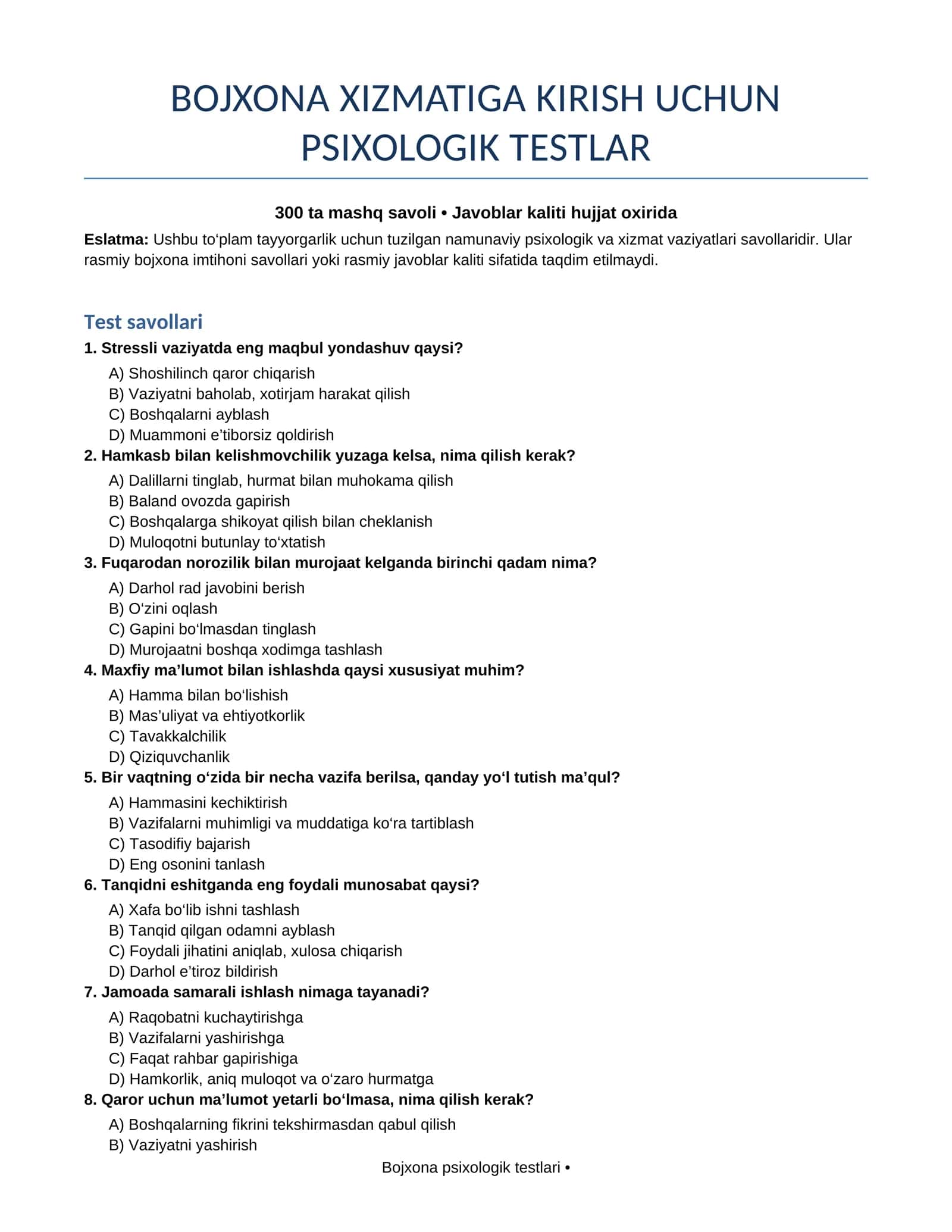 KIRISH UCHUN PSIXOLOGIK TESTLAR