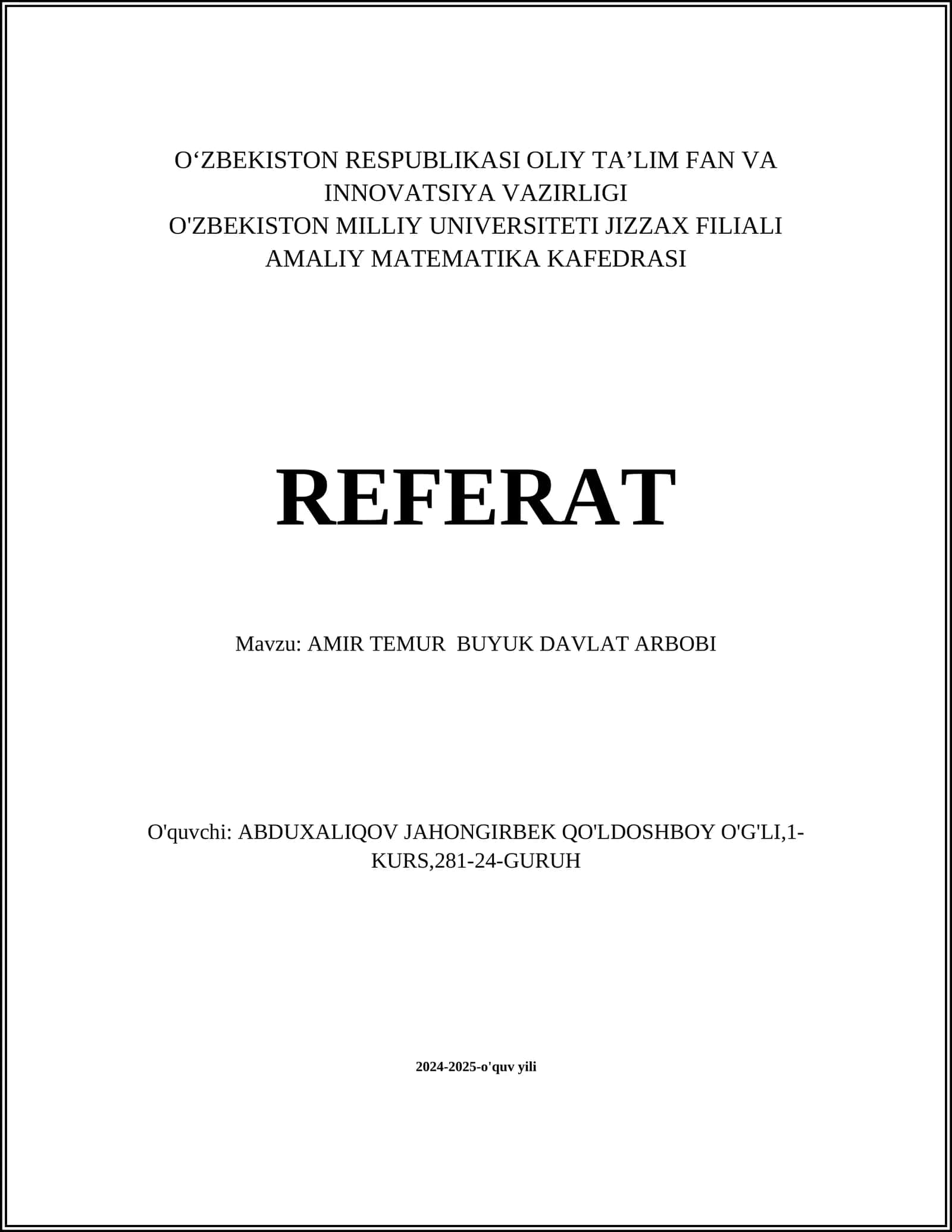 AMIR TEMUR BUYUK DAVLAT ARBOBI